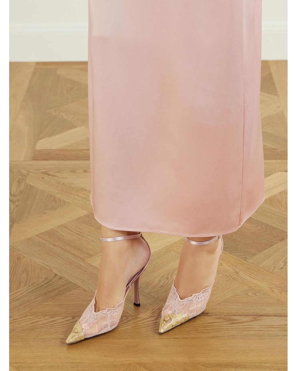 Jimmy Choo Pink Satin-Trimmed Lace Pumps