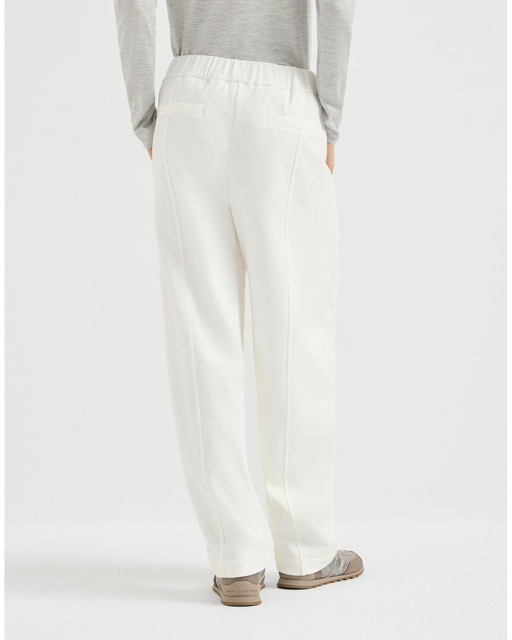 Brunello Cucinelli White Cotton Smooth French Terry Pleated Track Trousers