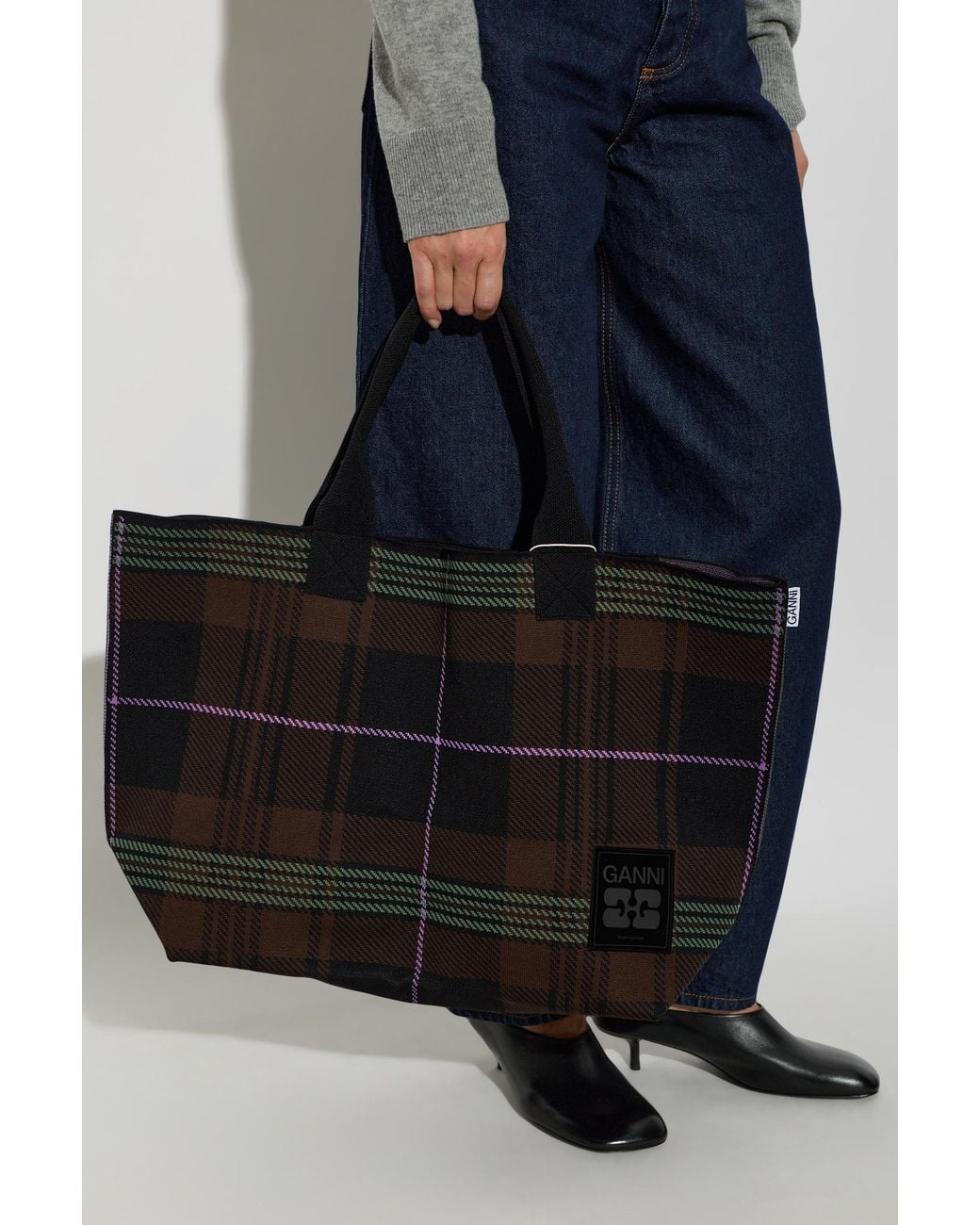 Ganni Black Checked Logo Patch Tote Bag