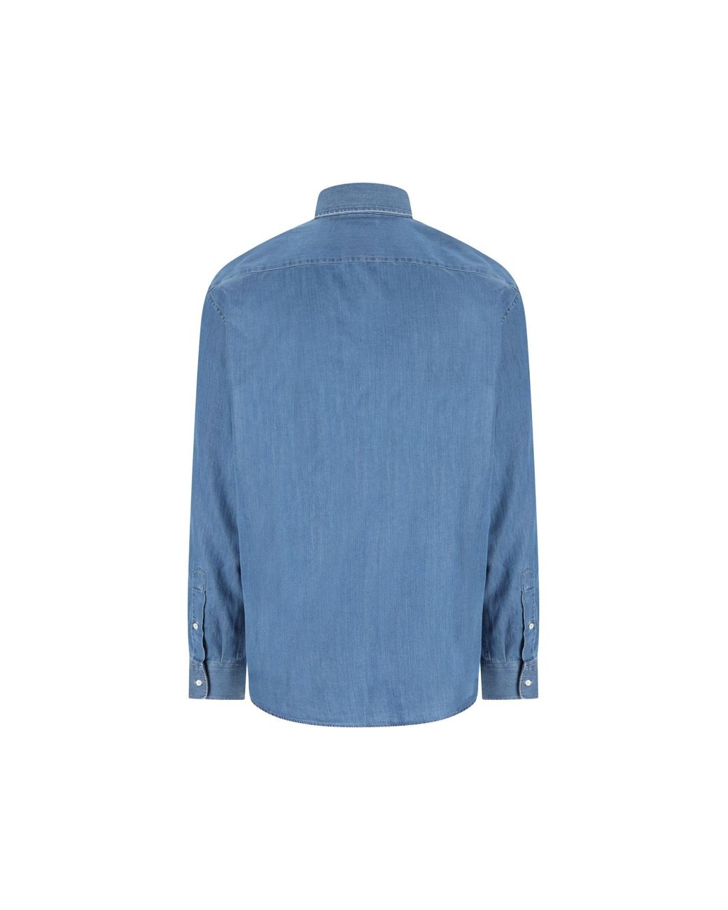 Brunello Cucinelli Blue Curved Hem Buttoned Denim Shirt for men