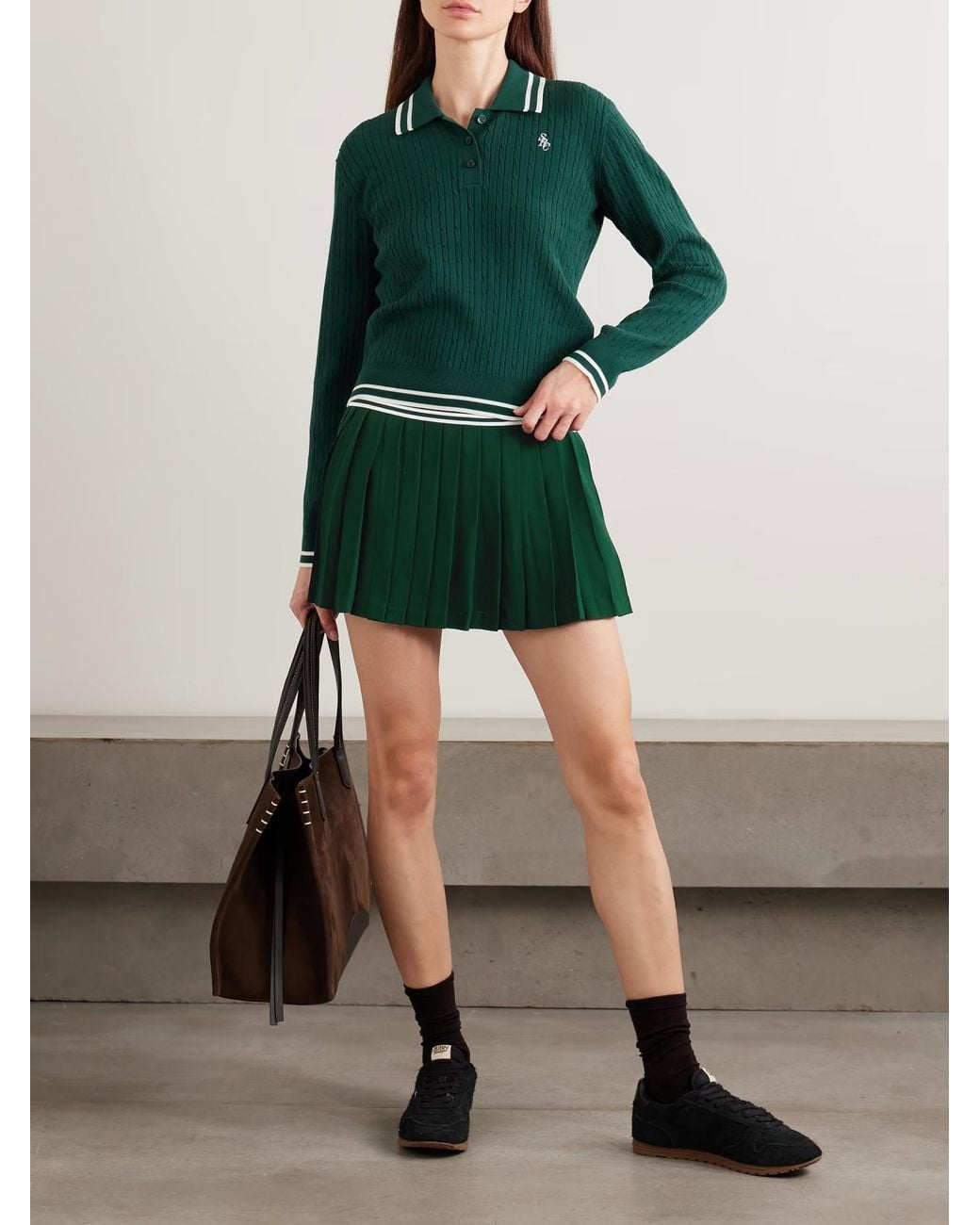 Sporty & Rich Green Embroidered Striped Cable-Knit Polo Shirt