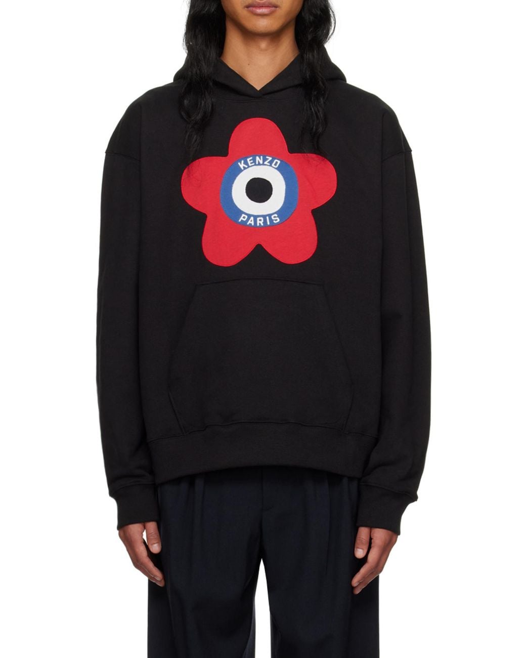 KENZO Black Target Logo-Embroidered Drop Shoulder Hoodie for men