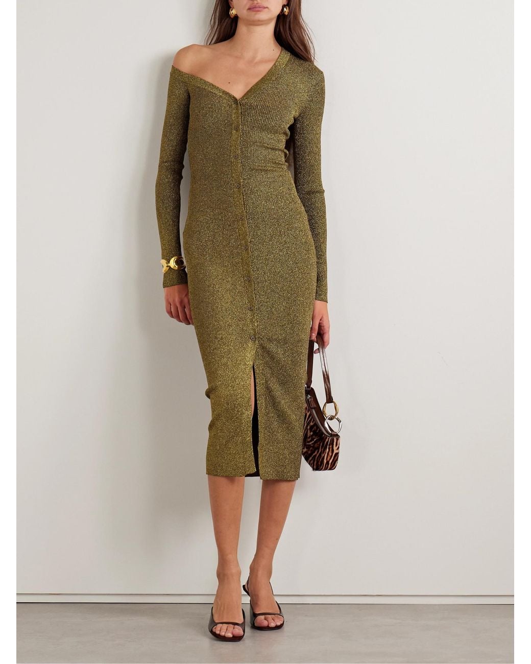 Staud Green Off-The-Shoulder Metallic Ribbed-Knit Midi Dress