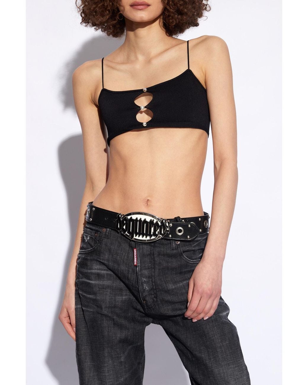 DSquared² Black Fine-Knit Cut-Out Square Neck Cropped Top