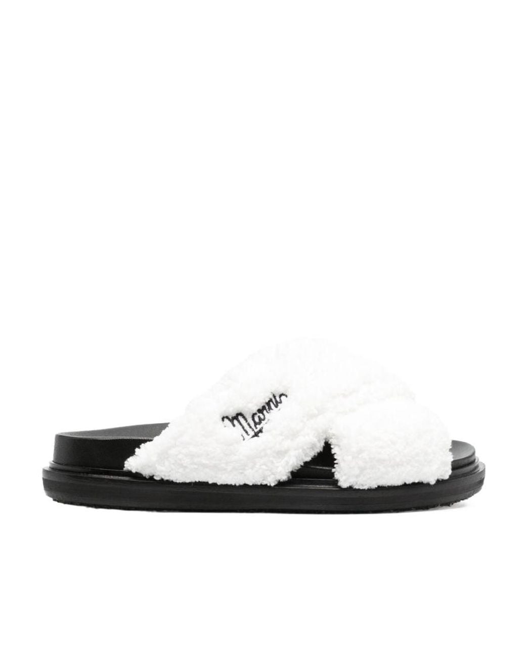 Marni White Logo-Embroidered Shearling Sandals