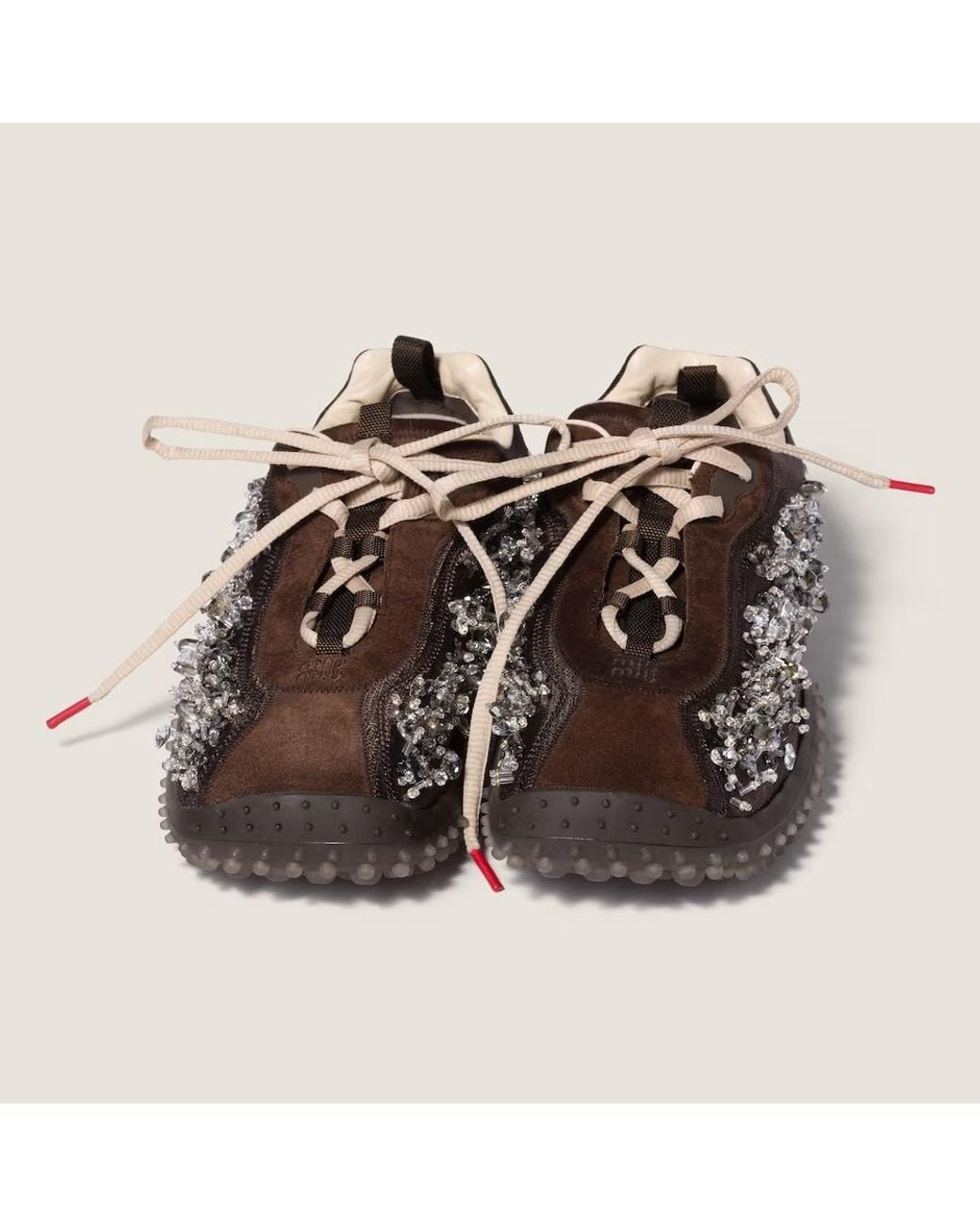Miu Miu Brown Bubble Embroidered Technical Fabric And Suede Sneakers