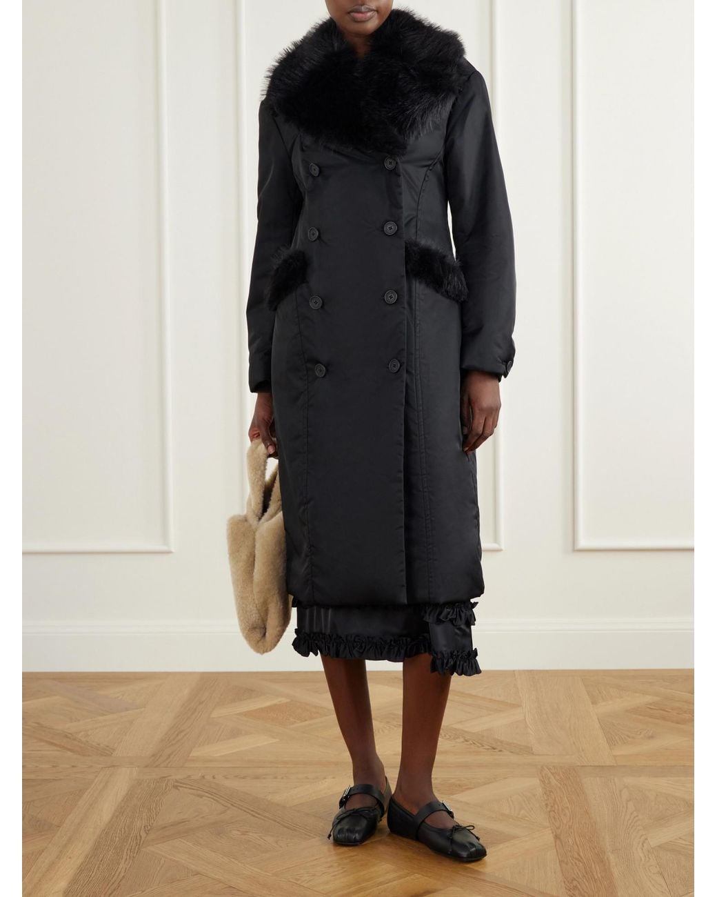 Simone Rocha Black Double-Breasted Plush-Trimmed Shell Coat