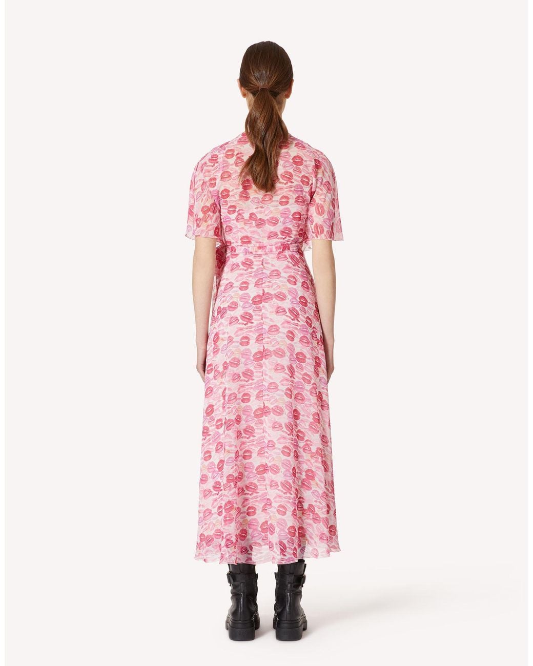RED Valentino Pink Lip Print Flutter Sleeved Midi Dresses