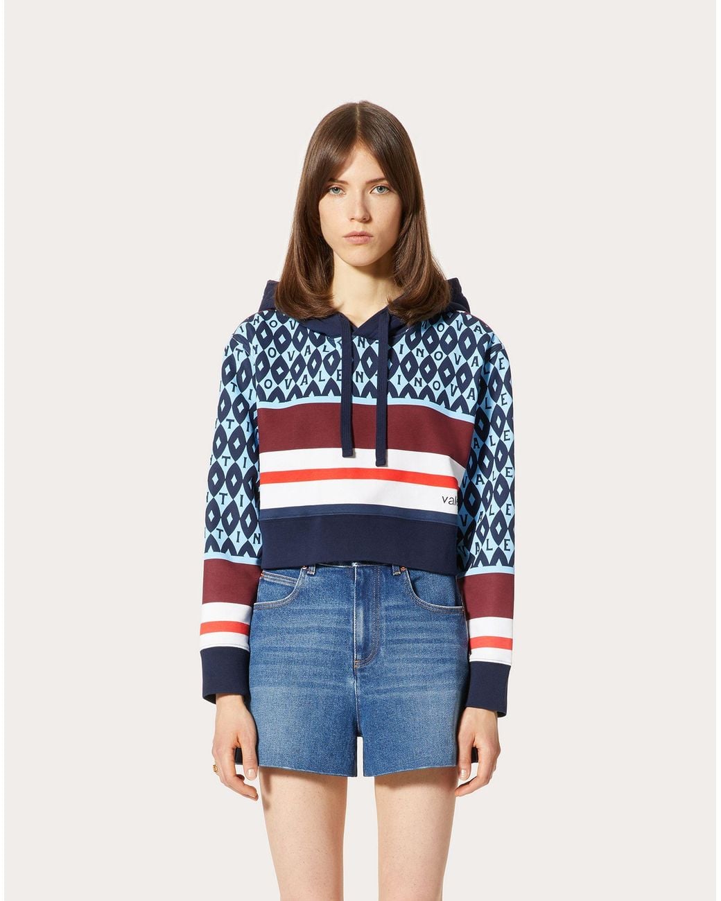 Valentino Blue Logo-Print Striped Hoodie
