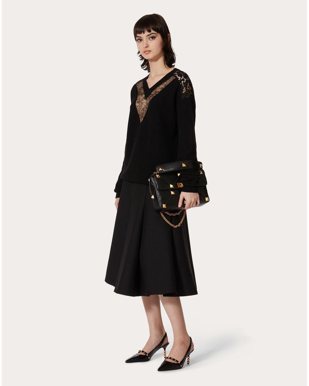 Valentino Black Lace-Embellished V-Neck Jumper