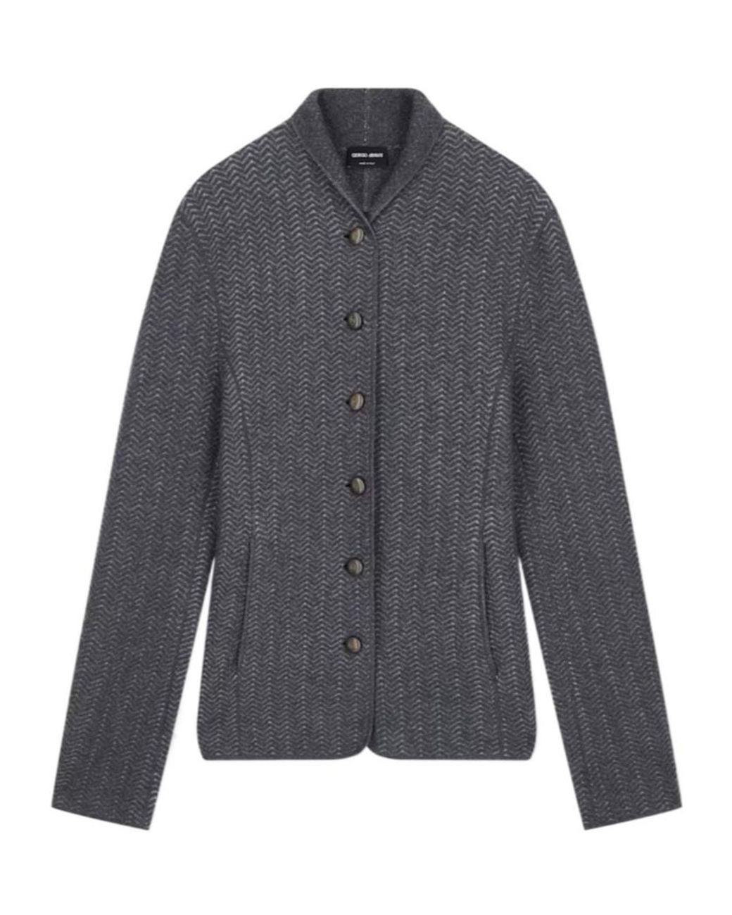 Giorgio Armani Gray Herringbone Cashmere Knit Jacket With Stand Collar