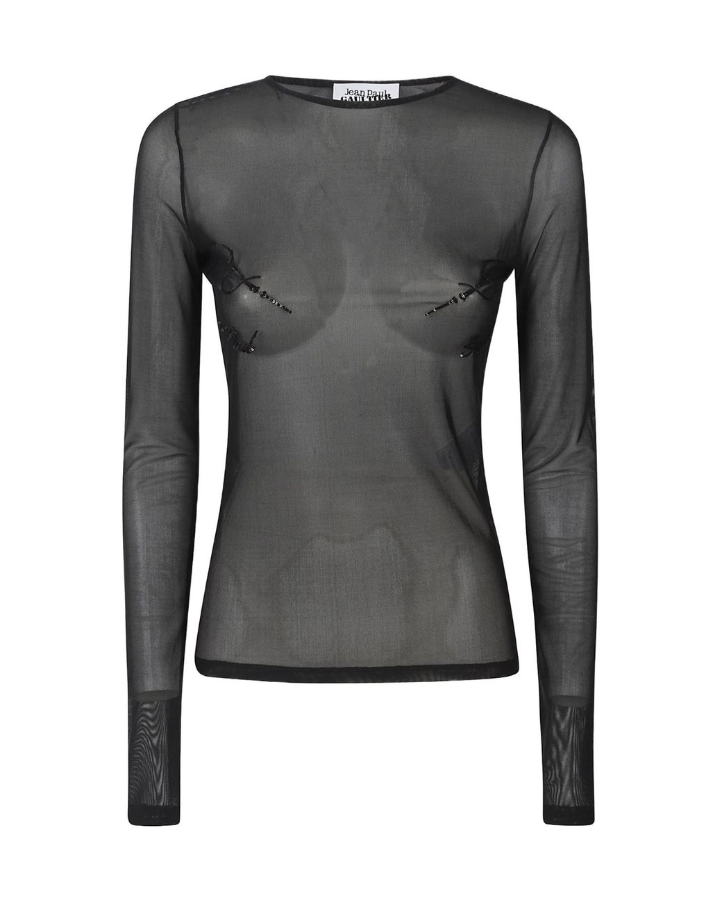 Jean Paul Gaultier Gray Mesh Crewneck Long Sleeves Top Embroidered