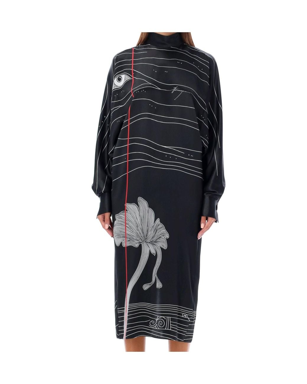 Ferragamo Black Ferragamo Spirit Printed High-Neck Midi Dress