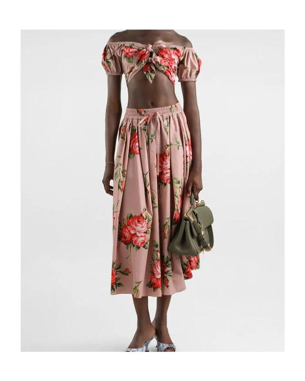 Dolce & Gabbana Red Pleated Floral Midi Skirt