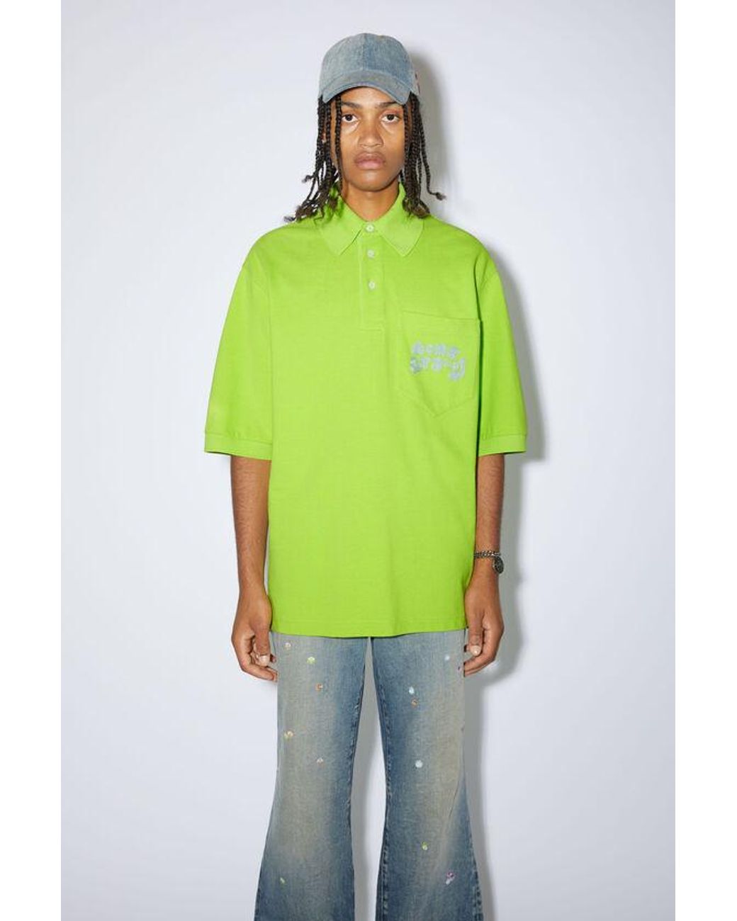 Acne Green Logo Embroidered Polo Shirt for men