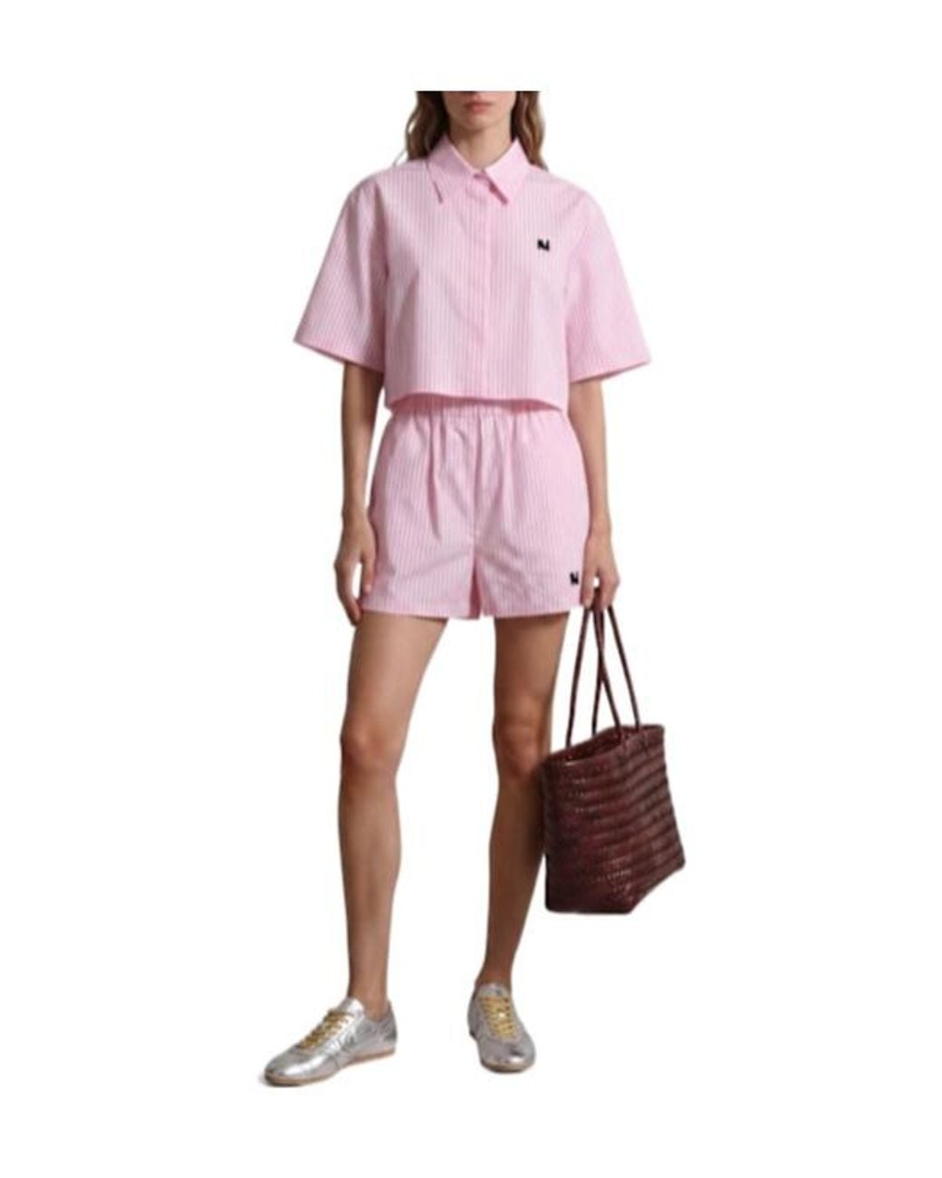 MSGM Pink Cropped Short Sleeve Cotton Shirt