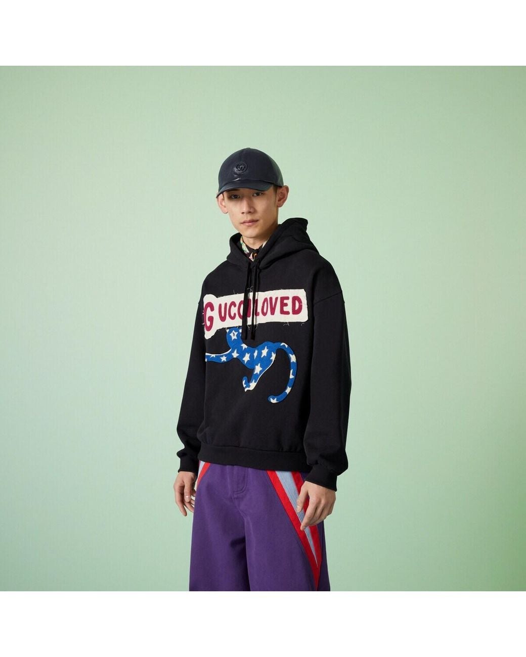 Gucci Blue Logo-Print Embroidered Hoodie for men