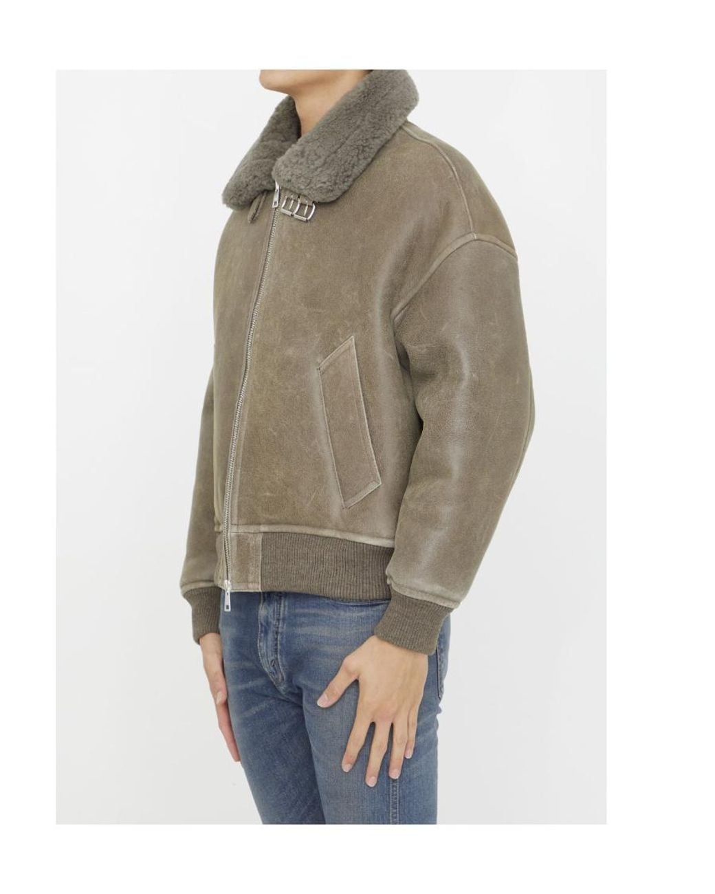 AMI Green Zipped Shearling Bomber Jacket for men