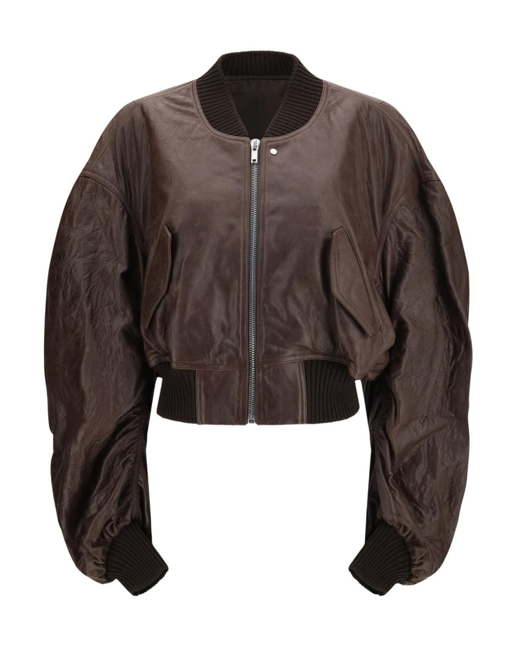 Rick Owens Brown Cropped Leather Bomber Jacket