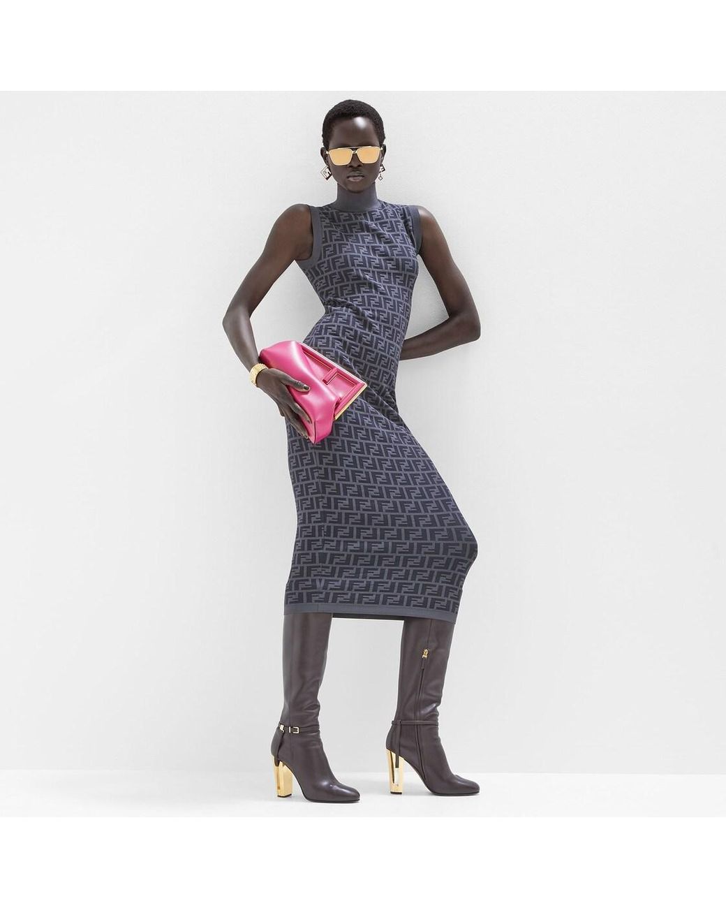 Fendi Blue Ff Motif Sleeveless Maxi Dress