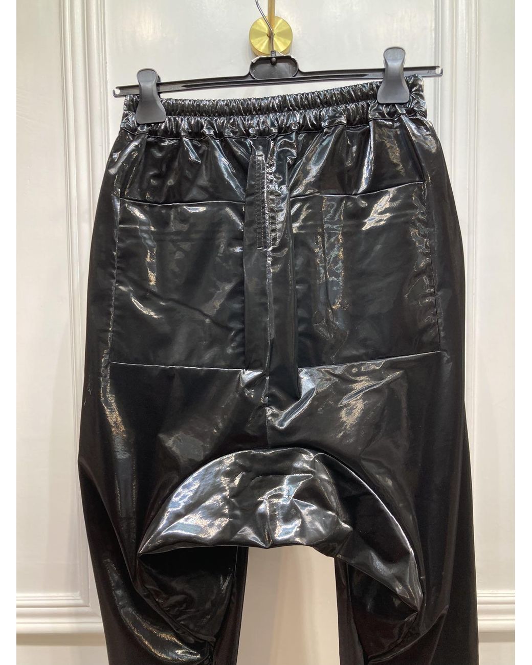 Rick Owens Black Glossy-Finish Drop-Crotch Trousers for men