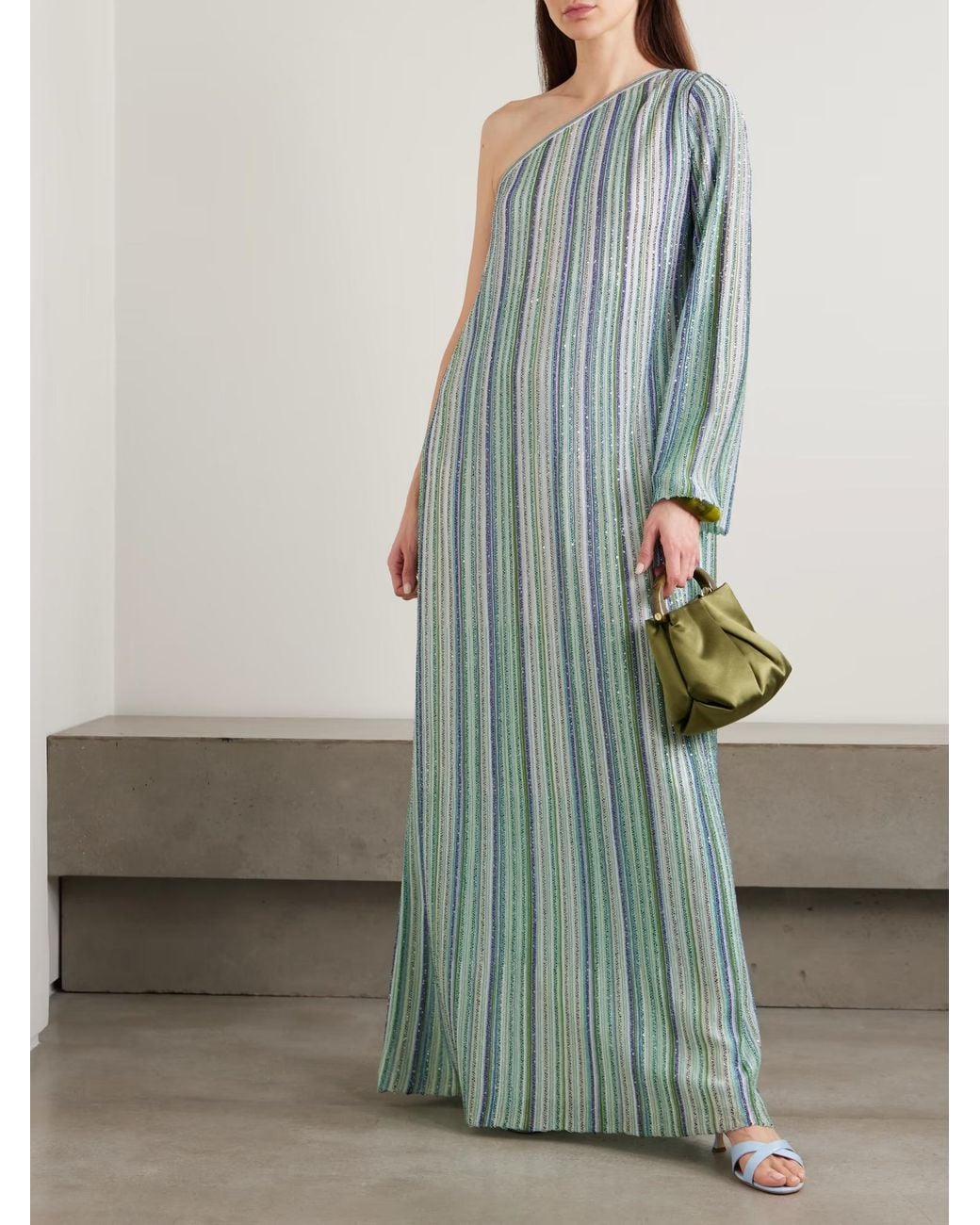Missoni Blue One-Shoulder Sequined Striped Crochet Dress