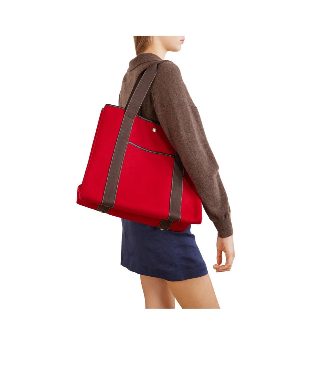 Rue de Verneuil Red Large Leather-Trimmed Flannel Tote