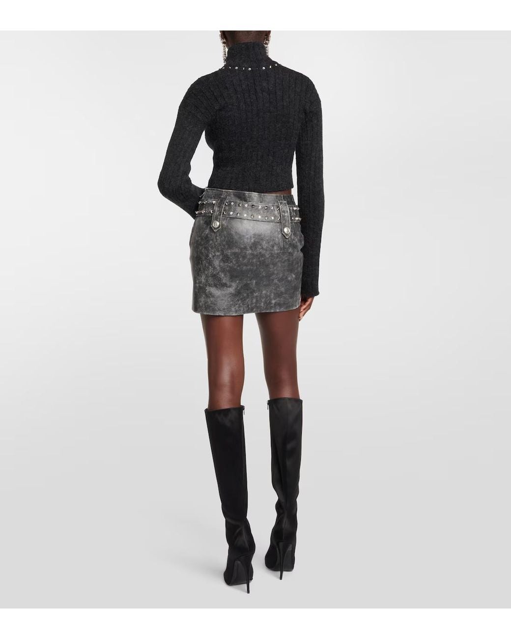 Alessandra Rich Gray Belted Embellished Leather Miniskirt
