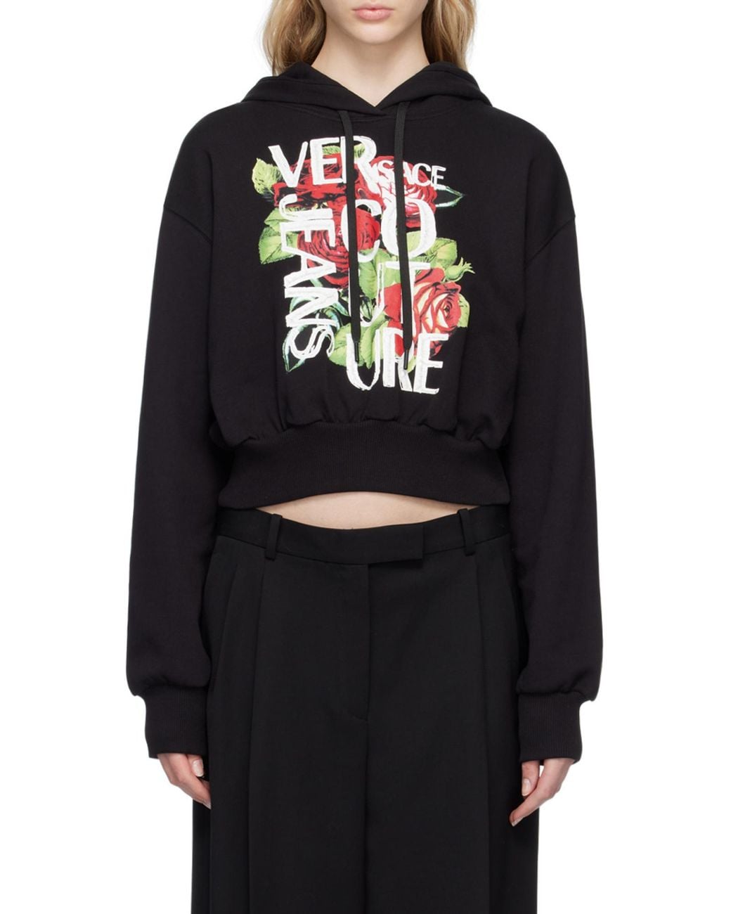 Versace Jeans Black Cropped Logo-Print Cotton Hoodie