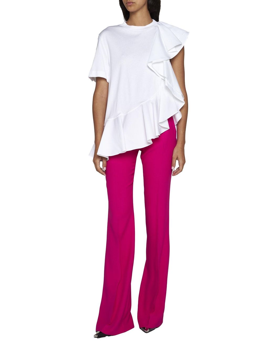 McQueen White Asymmetric Ruffled Crewneck Top