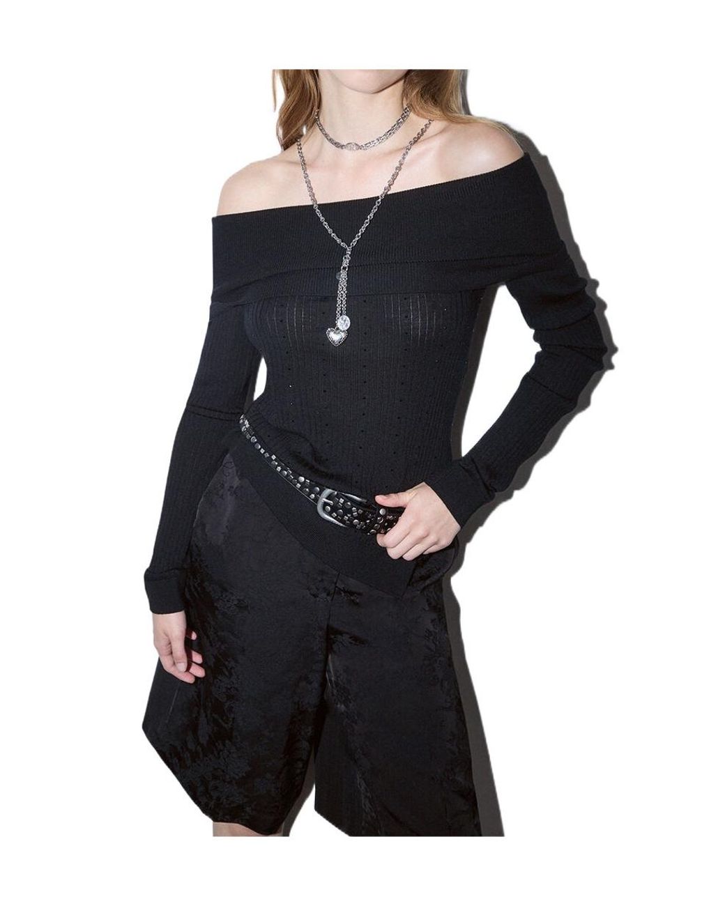 Liu Jo Black Off-Shoulder Embellished Knitted Sweater