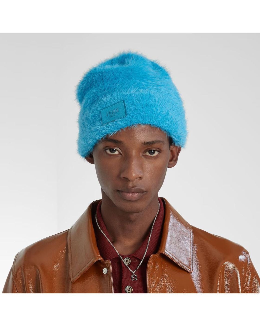 Fendi Blue Logo Patch Turned-Up Brim Beanie for men