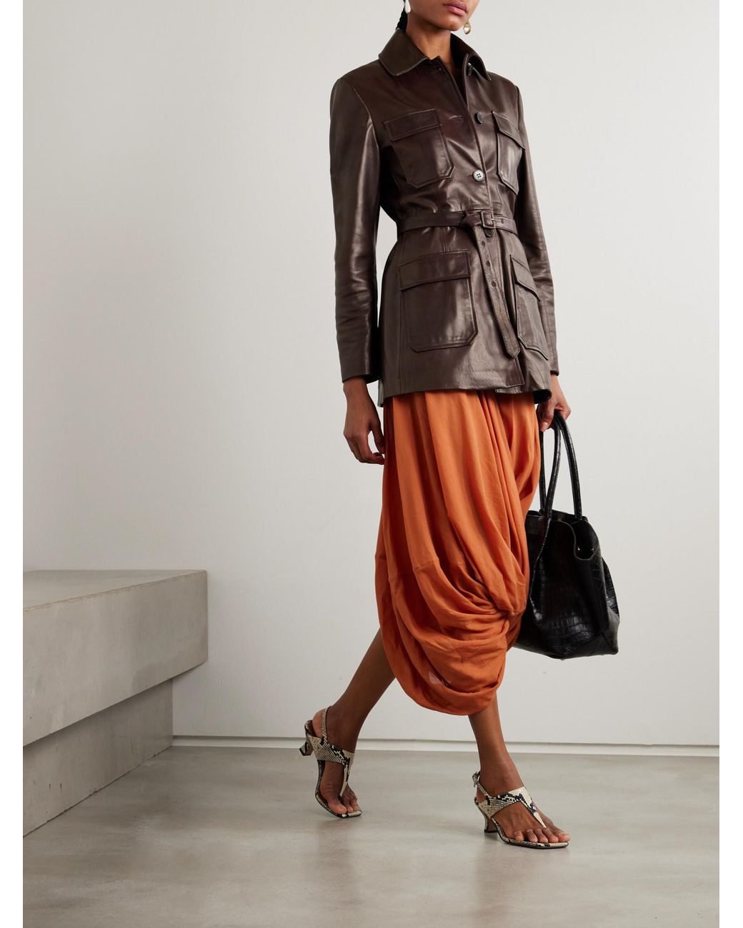 Nour Hammour Brown Long-Sleeved Leather Jacket
