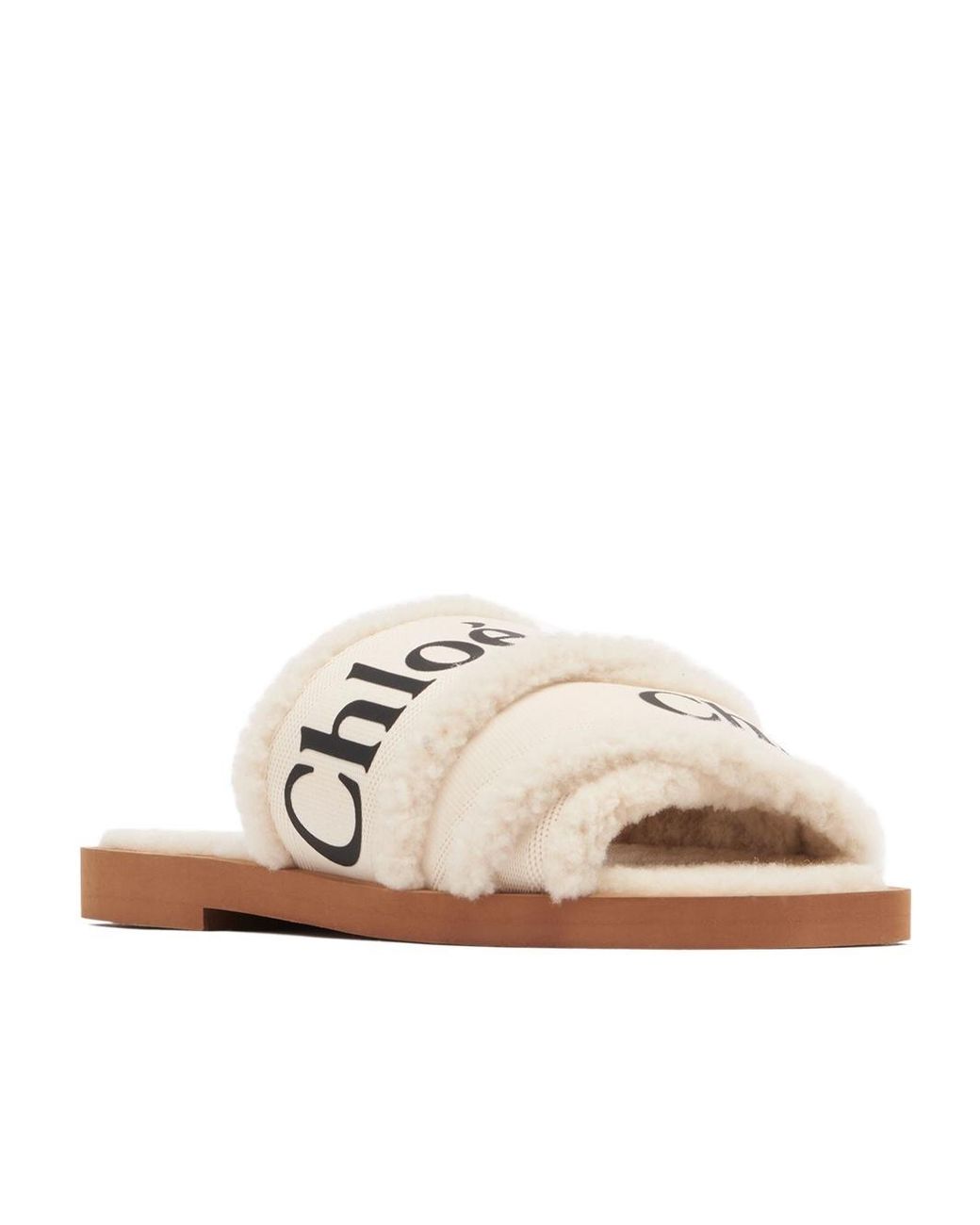 Chloé White Chloé Woody Shearling Flat Sandals