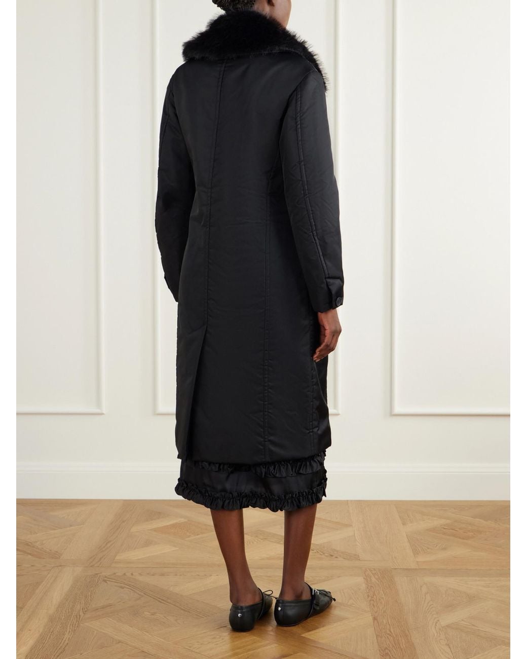 Simone Rocha Black Double-Breasted Plush-Trimmed Shell Coat