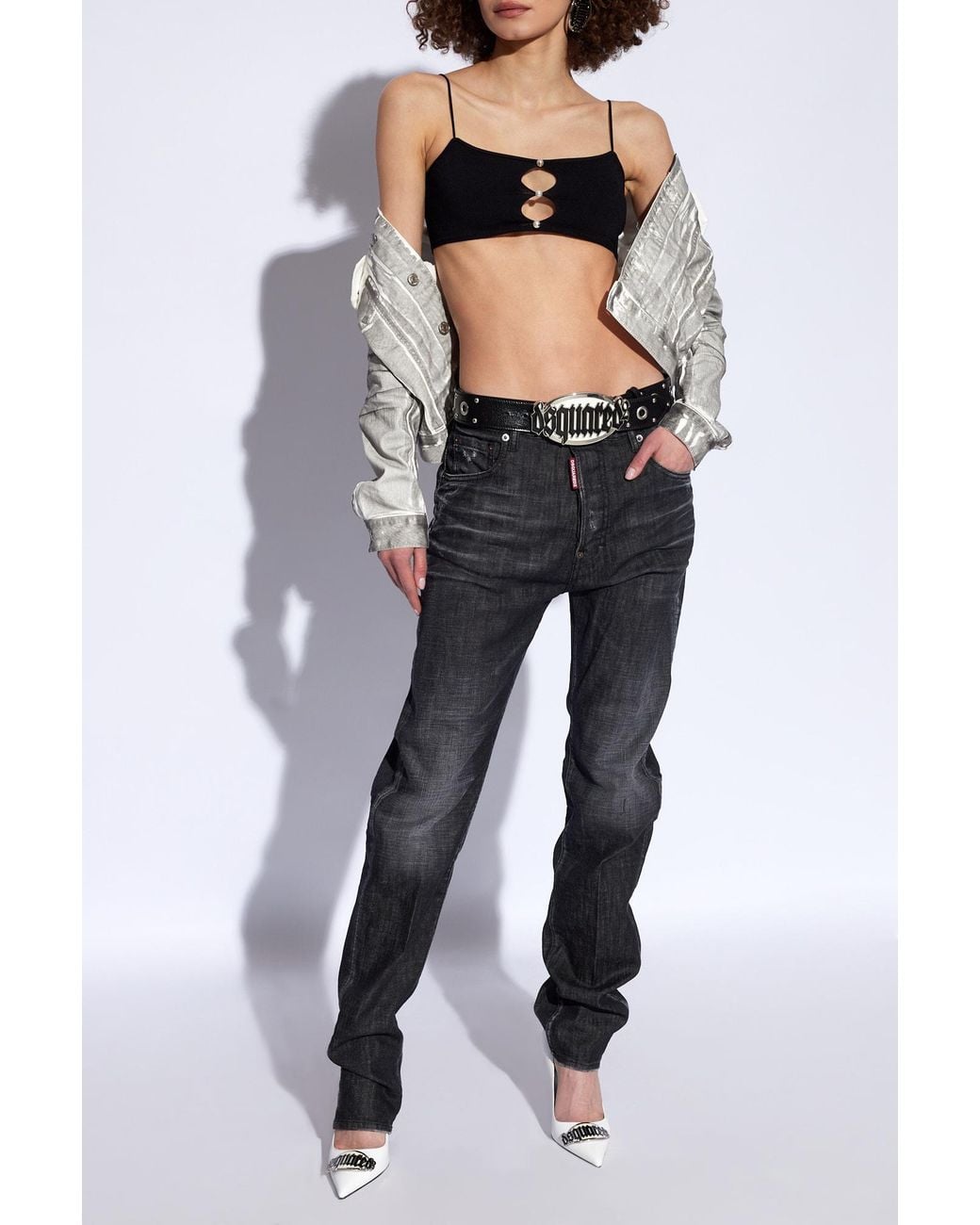 DSquared² Black Fine-Knit Cut-Out Square Neck Cropped Top
