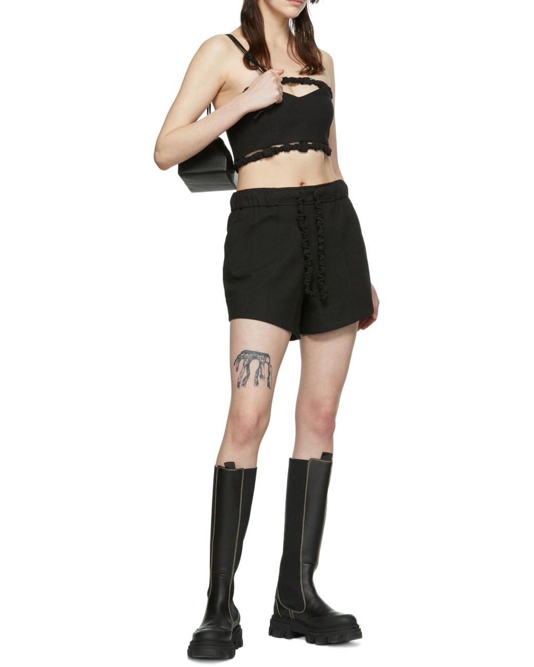 Ganni Black Elasticated Waist Drawstring Shorts