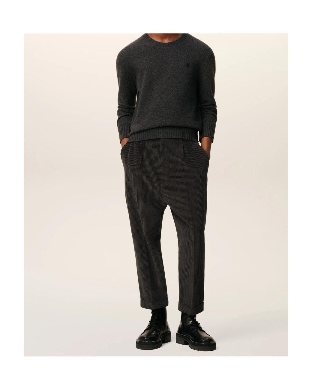 AMI Black Pleated Cuffed Trousers for men