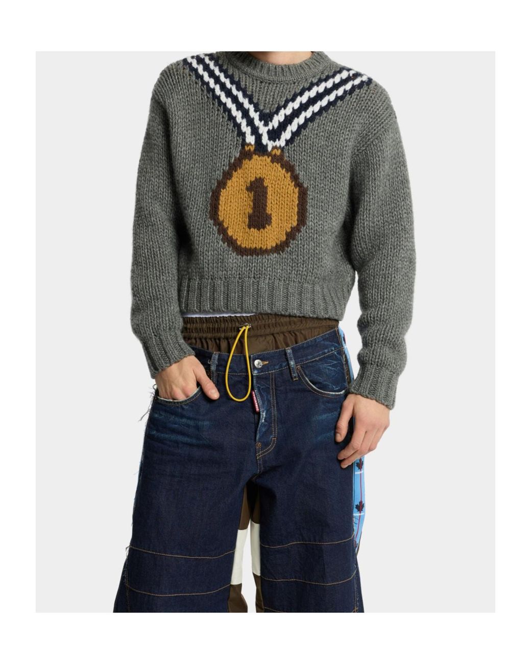 DSquared² Gray ディースクエアード2 インターシャメダルニットセーター for men