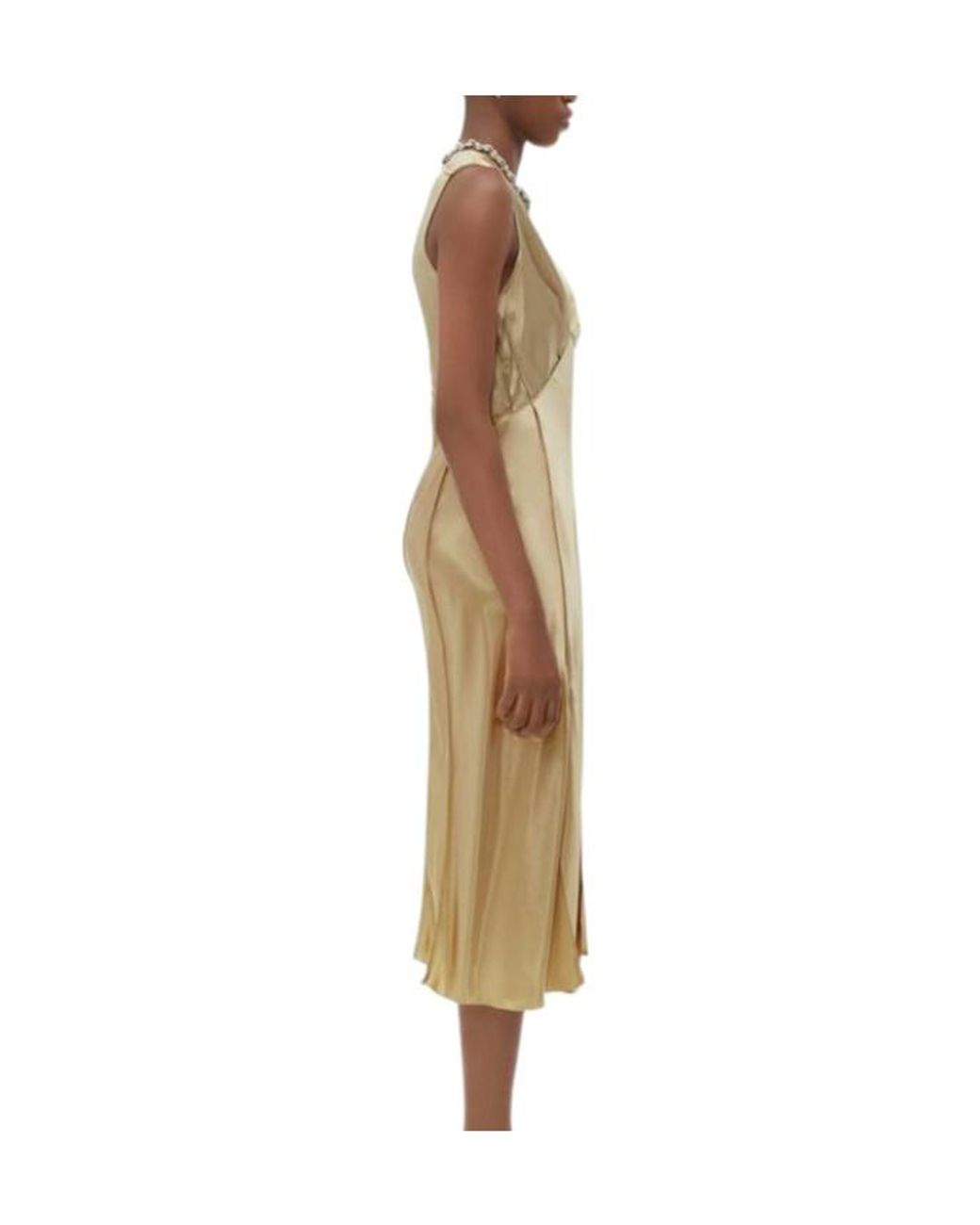Bottega Veneta Metallic V-Neck Satin Midi Dress