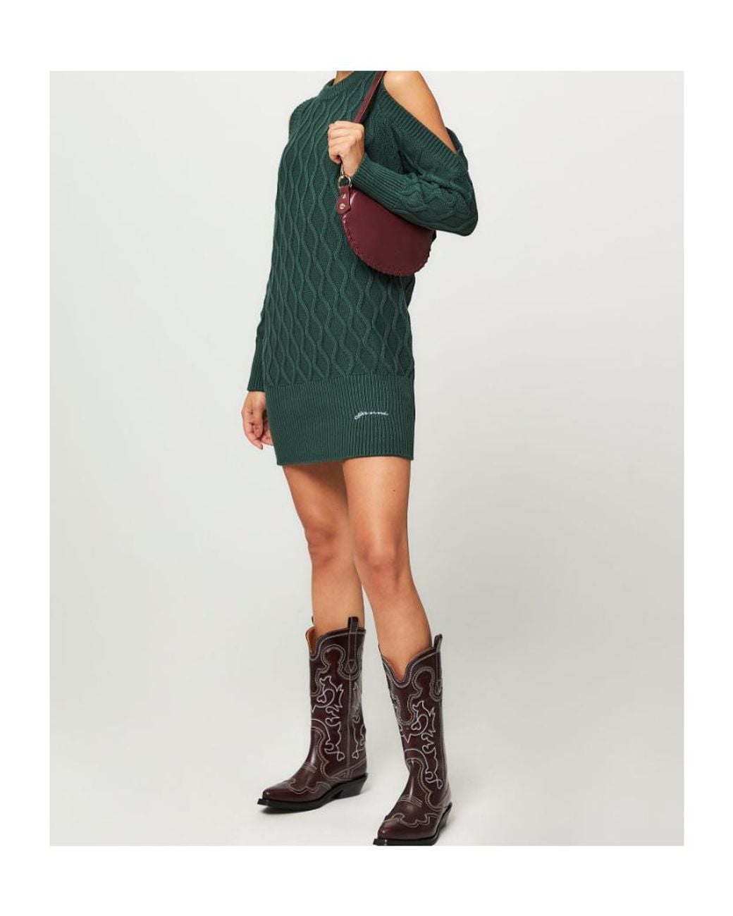 Ganni Green Cold-Shoulder Crewneck Knitted Dress