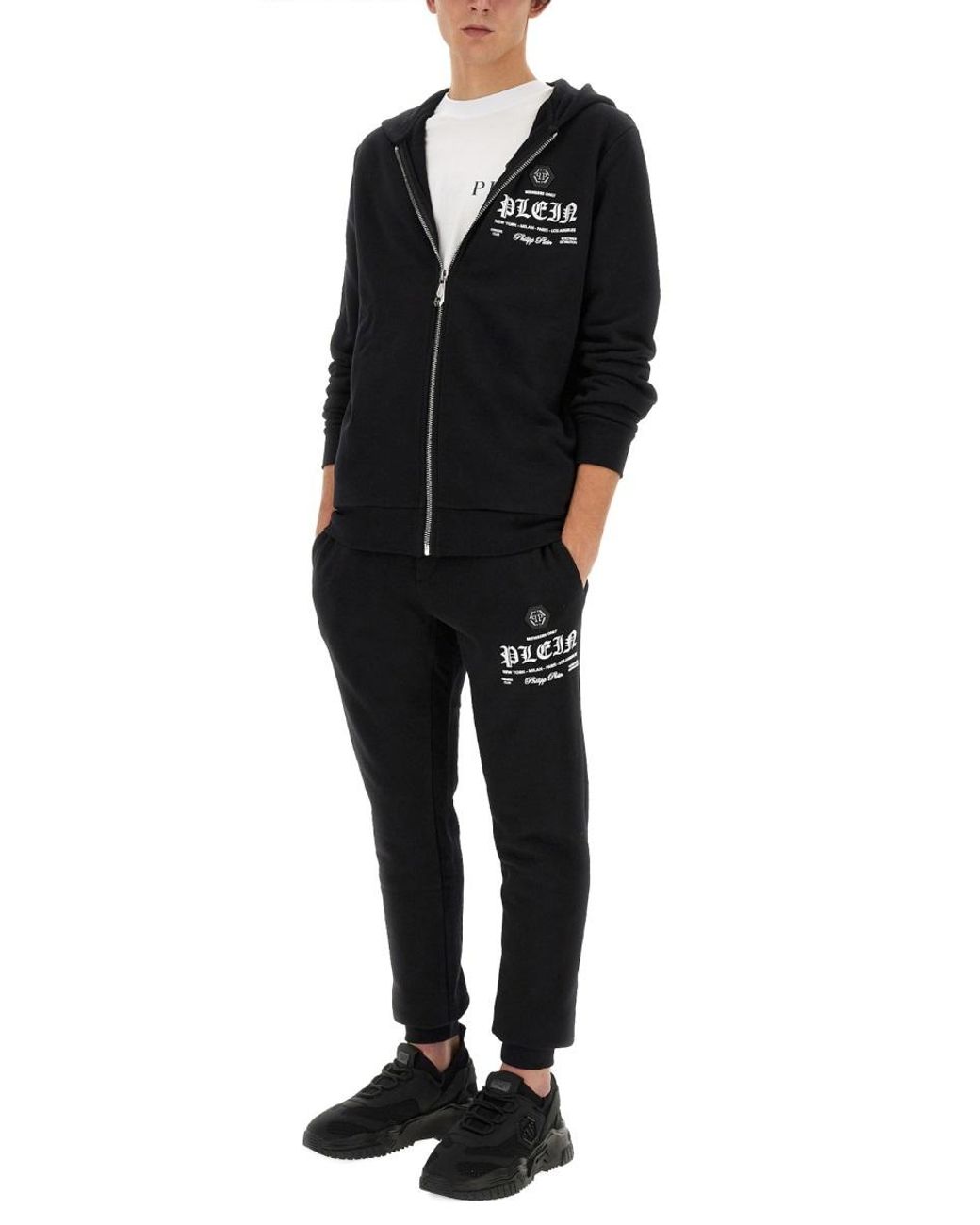 Philipp Plein Black Logo Printed Zipped Hoodie for men