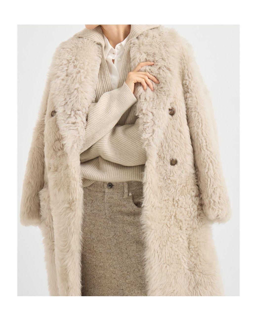 Brunello Cucinelli Natural Double-Breasted Shearling Coat