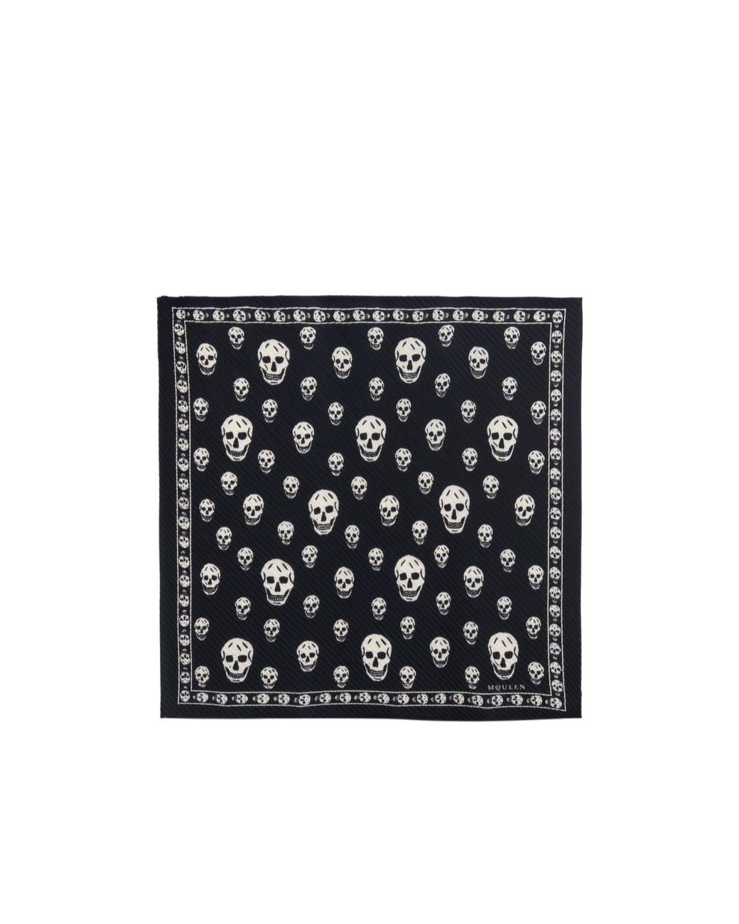 McQueen Black Pleated Skull-Print Scarf
