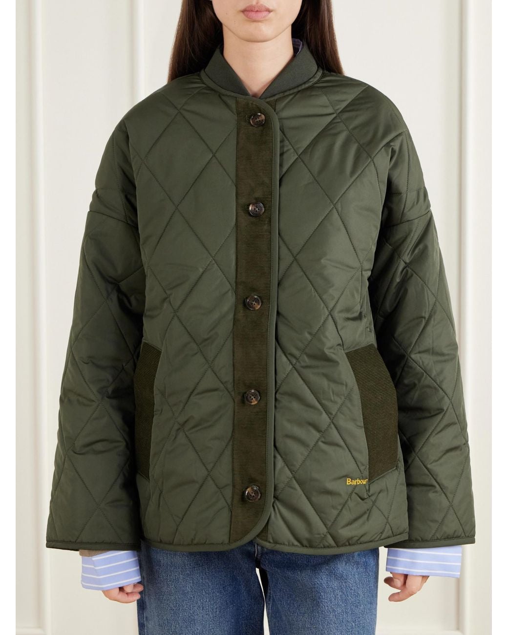 Barbour Green Corduroy-Trimmed Shell Quilted Jacket