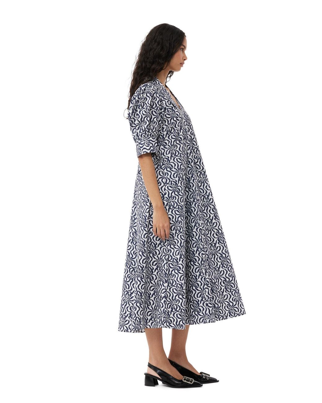 Ganni Blue Printed Cotton Poplin V-Neck Long Dress