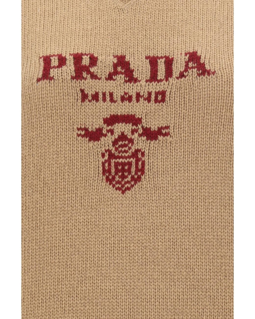 Prada Brown Logo-Intarsia Striped-Trim Crewneck Jumper