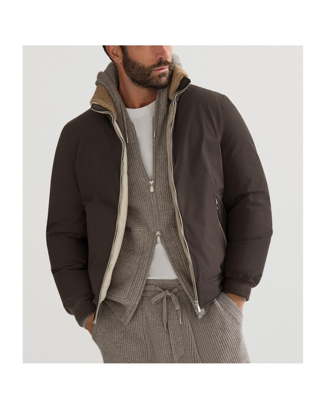 Brunello Cucinelli Brown Sherling Neck Bomber Jacket for men