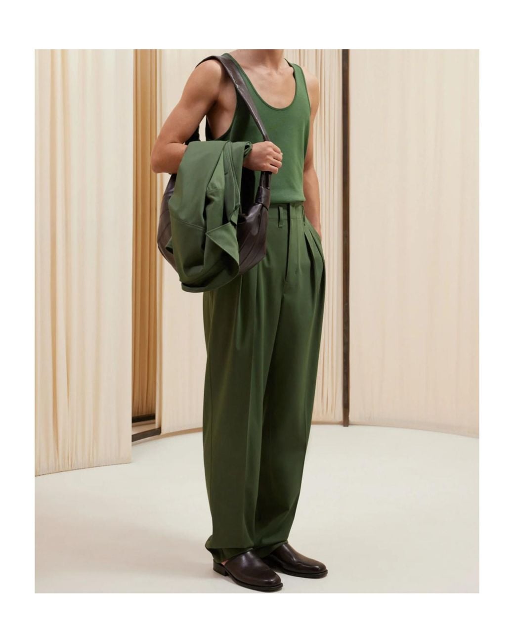 Lemaire Green Pleated Tapered Leg Trousers for men