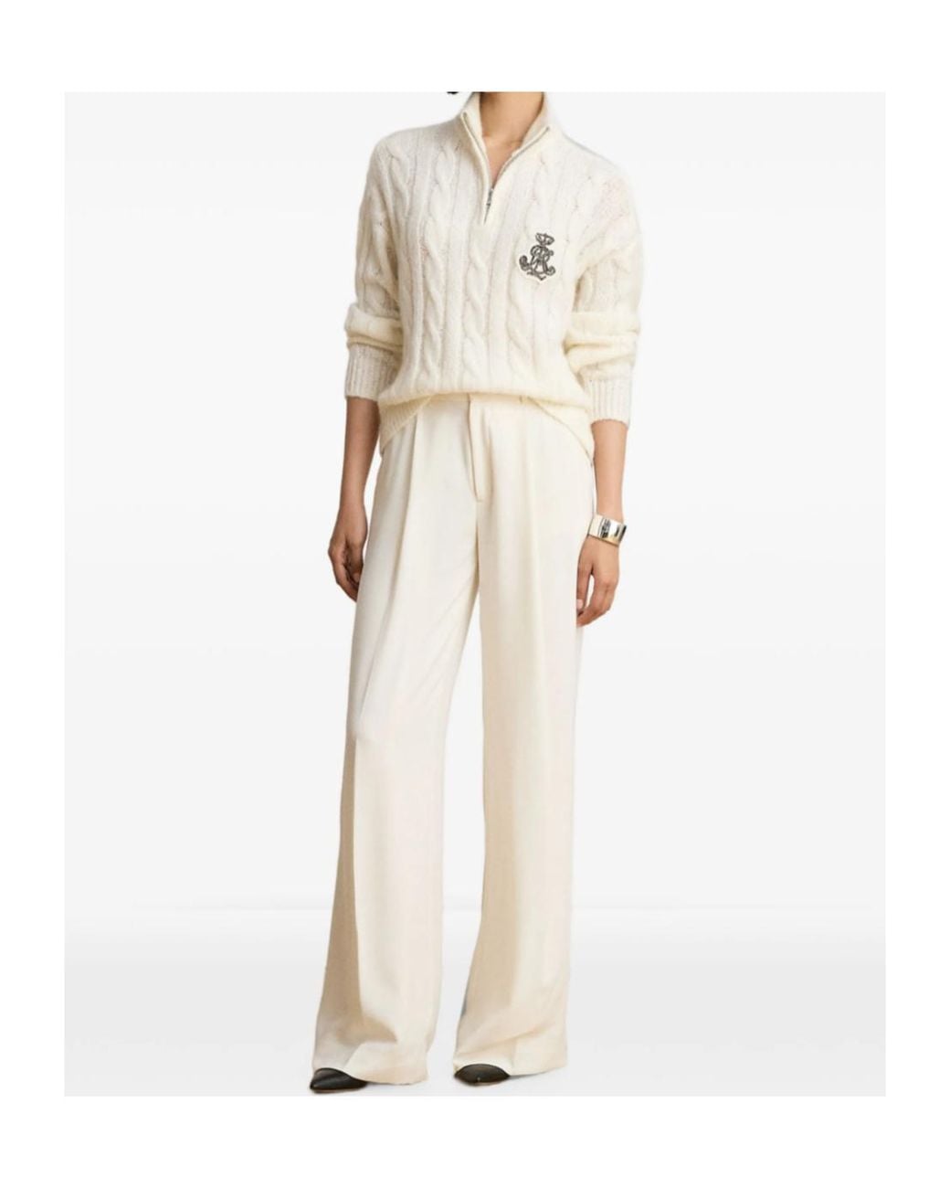 Ralph Lauren White Cable-Knit Half-Zip Sweater
